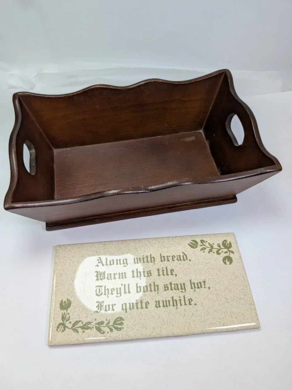 Vintage Wood Bread Warmer Basket & Mid-State Ceramic Tile Insert also a Riser